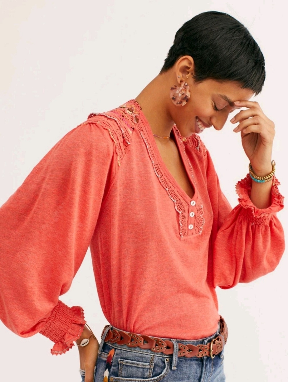 Free People Women's Coral Peasant Blouse with Lace Trim